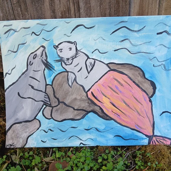 Sea Lions Mermaid Painting Folk Art - Picture 13 of 14